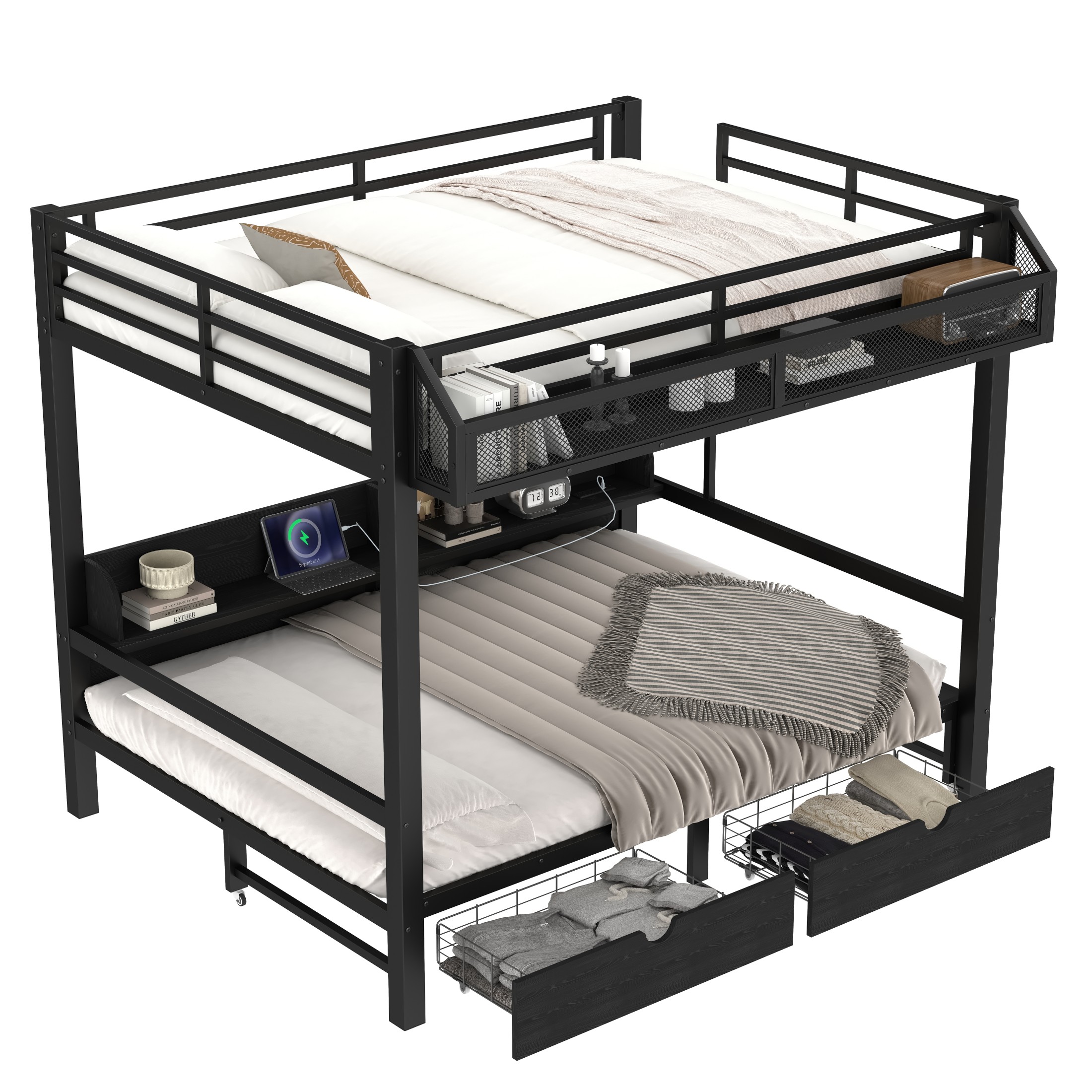 Aukfa Queen over Queen Metal Bunk Bed with Storage Drawers, Shelves, USB Ports & LED Lights, Convertible Bottom Sofa Bed, Heavy-Duty Bed Frame for Kids Teens Adults, Black
