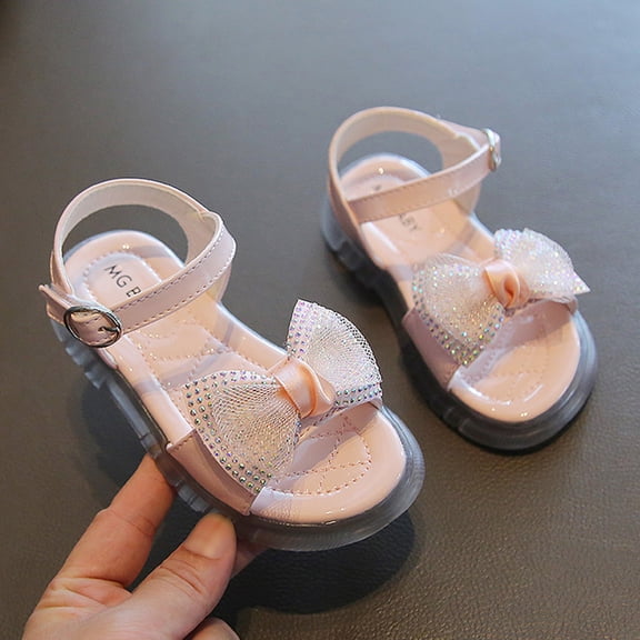 XIMIN Girls Open-Toe Sandals Rhinestone Bow Adjustable Buckle Strap Soft Upper Non-Slip Rubber Sole Cute Summer Beach Party Sandals (Pink, 2-2.5 Years)