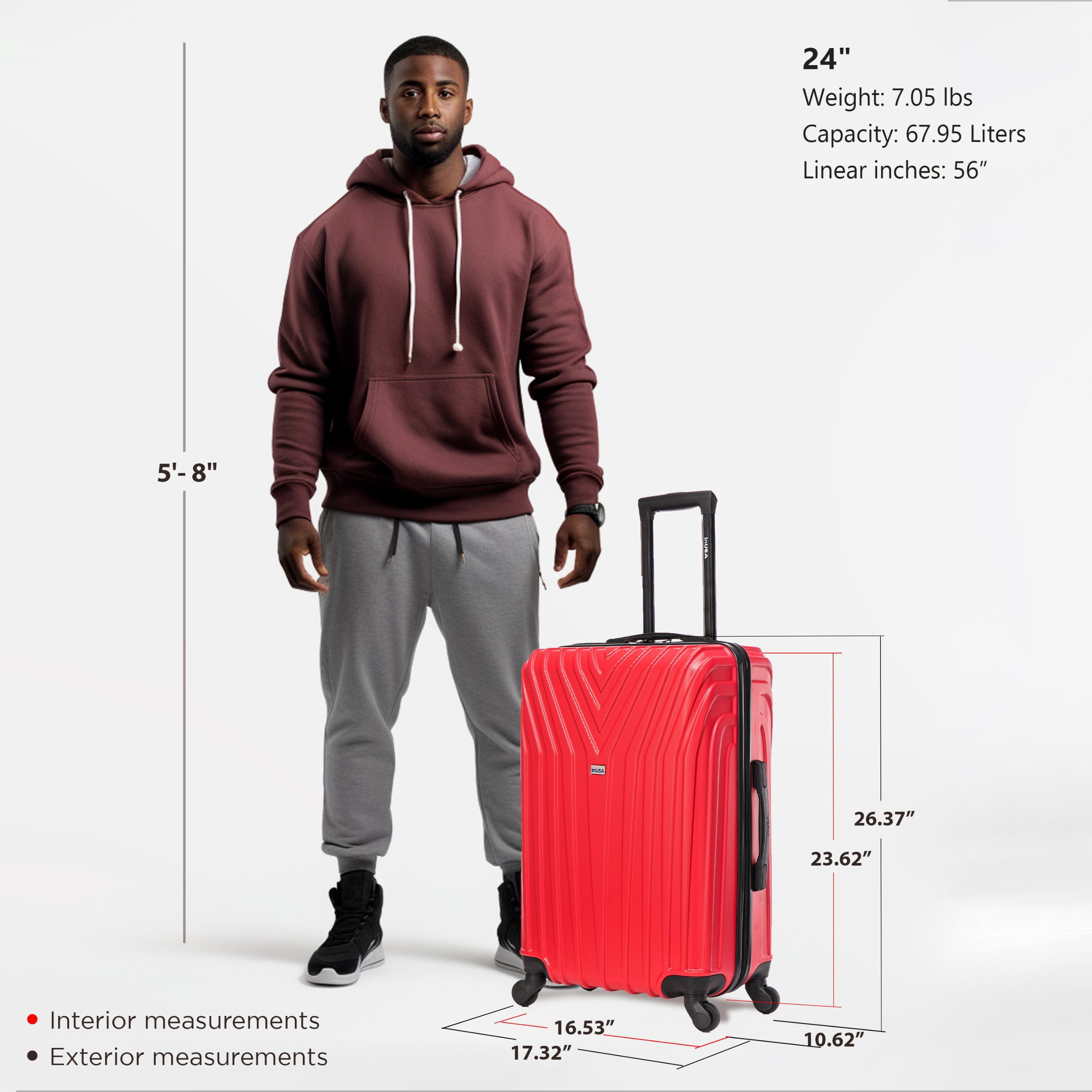 InUSA Vasty 24" Hardside Lightweight Luggage with Spinner Wheels, Handle, and Trolley, Red