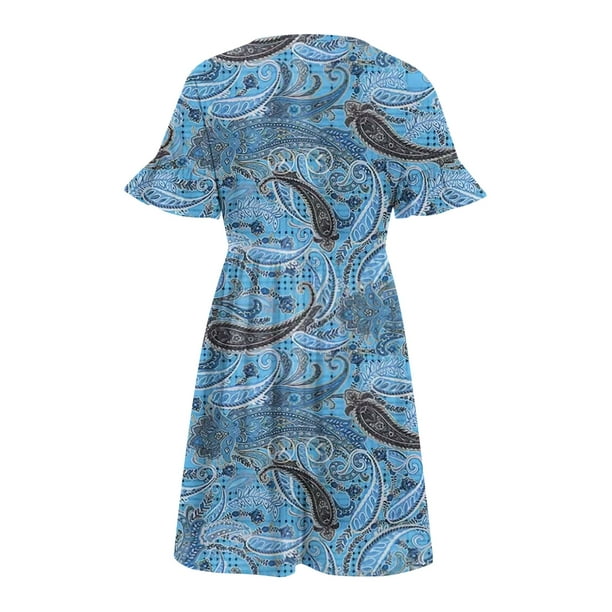 Womens Dresses Clearance Plus Size Women's Summer Casual Ruffle Short  Sleeve Loose Swing Printing T-Shirt Dresses Party Dress Blue L JE 