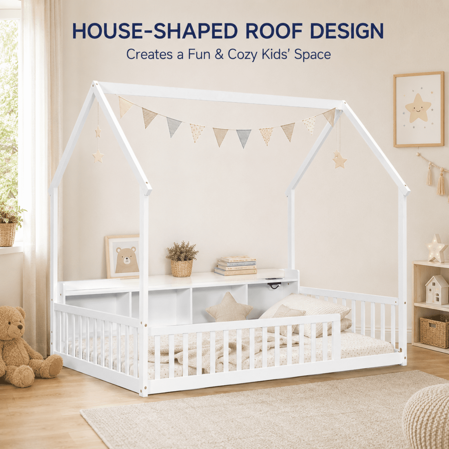 Miniyam Twin House Bed for Kids, Floor Bed with Storage, LED, Charging Station, White