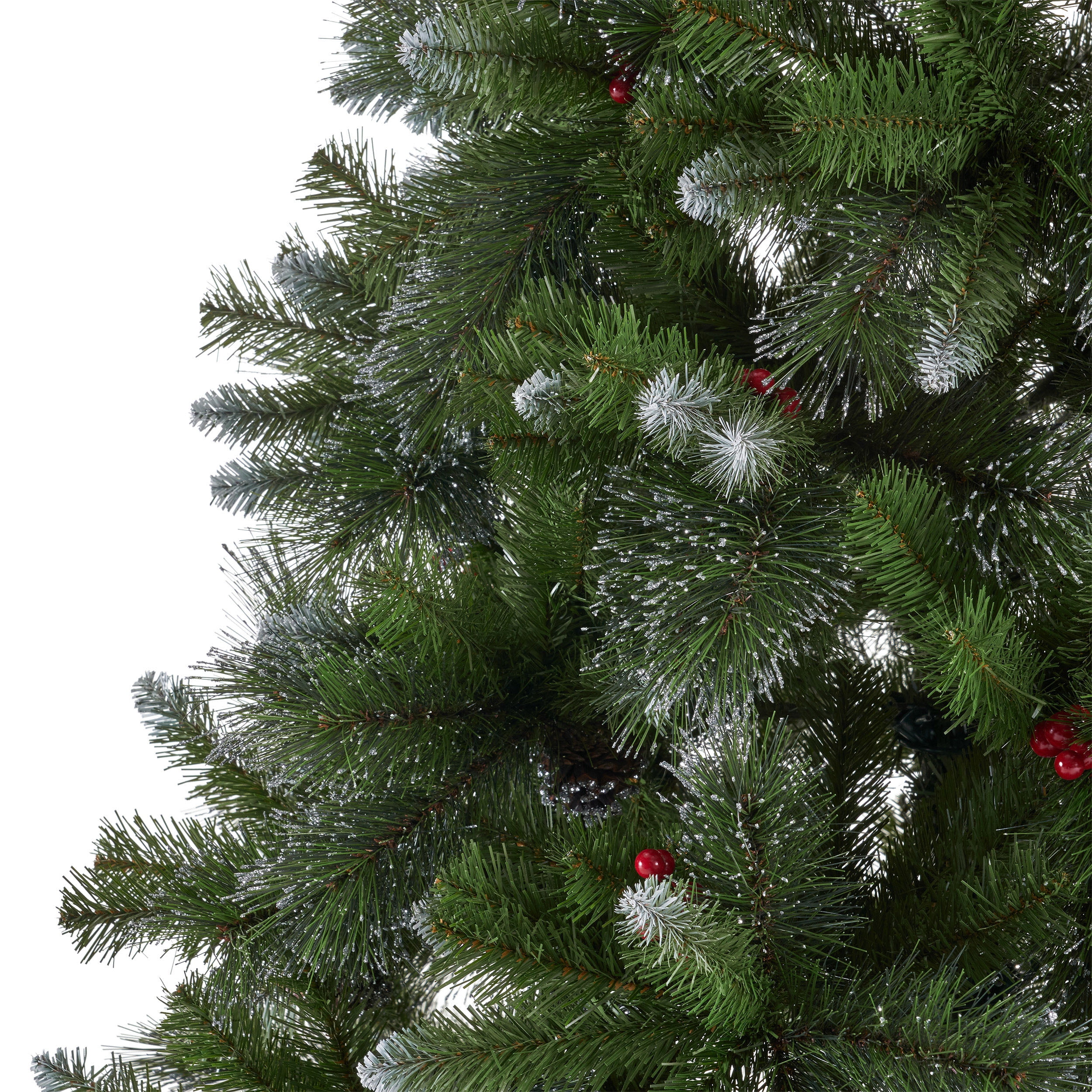 Noble House 9 Foot Artificial Mixed Spruce Christmas Tree with Glitter Branches, Red Berries, and Pinecones, Green