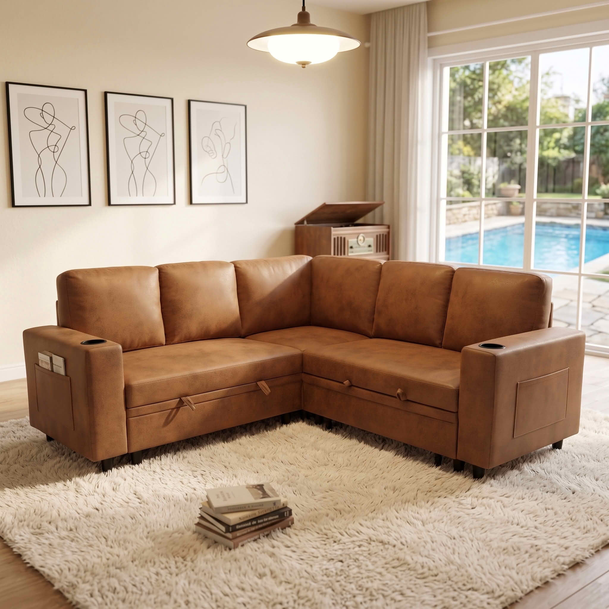 MAYEERTY 76.5 Inch L‑Shape Convertible Sectional Sofa Bed, Nubby Fabric Corner Couch with Pull‑Out Sleeper, Storage, Cup Holders and Side Pockets