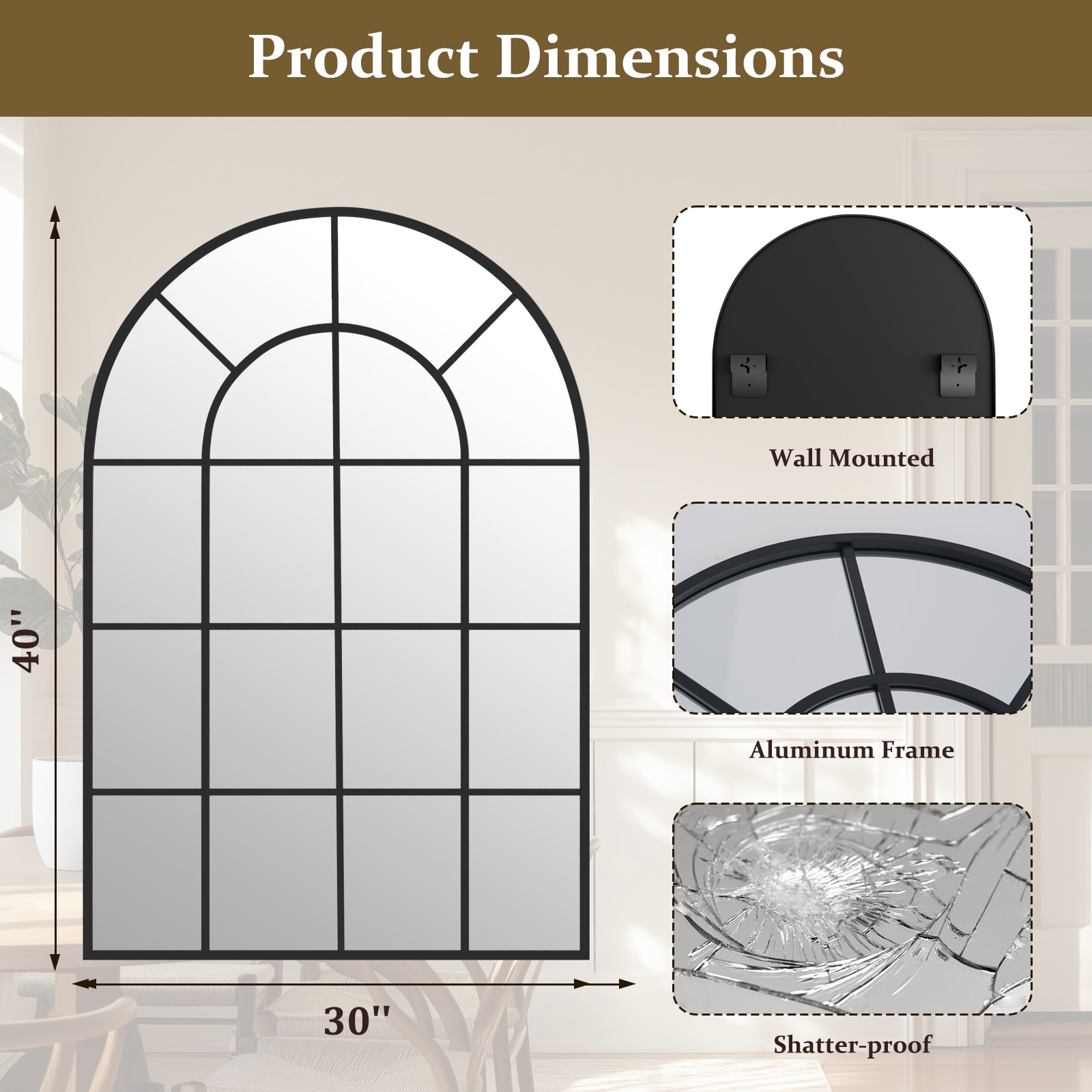 Beautypeak 30" x 40" Arched Windowpane Wall Mirror, Black photo 4