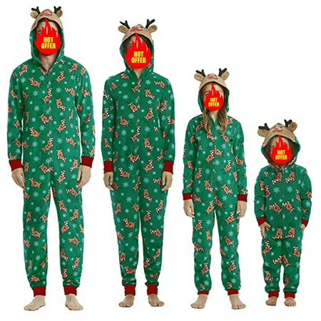 

Christmas Family Matching Hoodie Pajamas Reindeer Romper Long Sleeve One Piece Jumpsuit Zipper Pjs for Adult Kids Baby