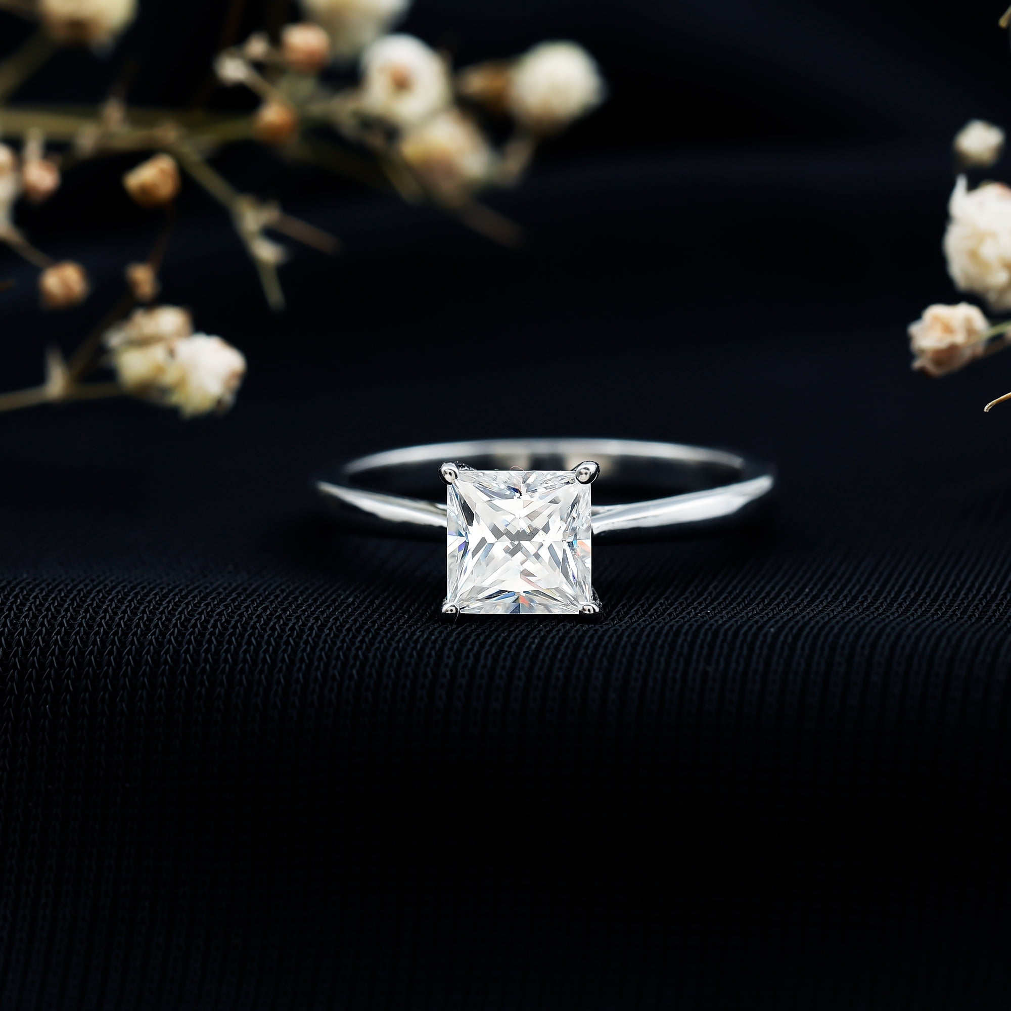 Rosec Jewels Princess Cut Moissanite Solitaire Engagement Ring for Women - 6 mm - 1 Carat Ring - D-VS1 Quality Certified, 14K White Gold, US 10.50