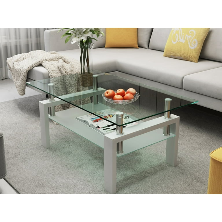 Center Table White Glass Top Table Stylish Rectangle Glass Coffee