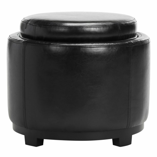 Round Black Ottoman with Storage Tray