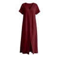 thumbnail image 3 of Dvprdro V Neck Short Sleeve Cotton Side Pockets Loose A Line Maxi Dress for Women Summer Beach Vacation Solid, 3 of 8