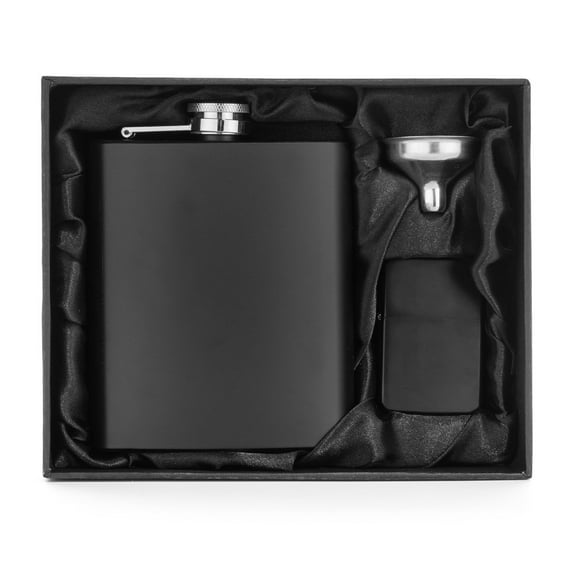 7oz Matte Black flask with funnel and Matte Black Lighter in silk lined gift box