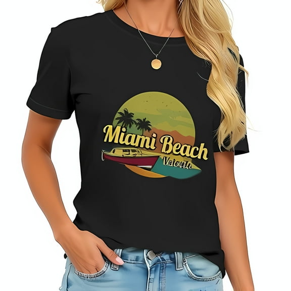 Vintage Miami Beach Graphic Cotton Short Sleeve T-Shirt with Trees & Sunset Design