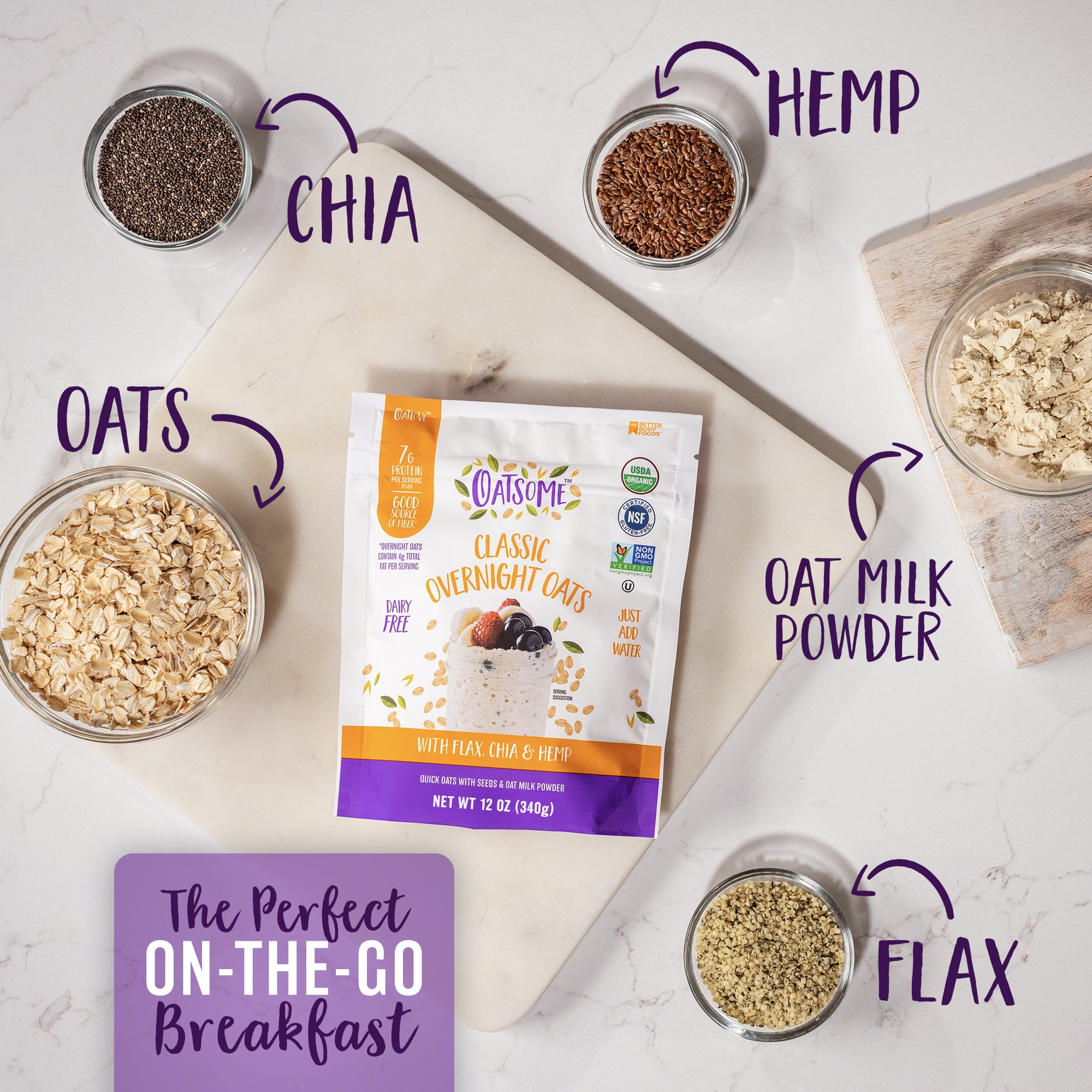 (2 pack) Oatsome Organic & Gluten-Free Overnight Oats with Chia, Flax & Hemp, 12oz Bag