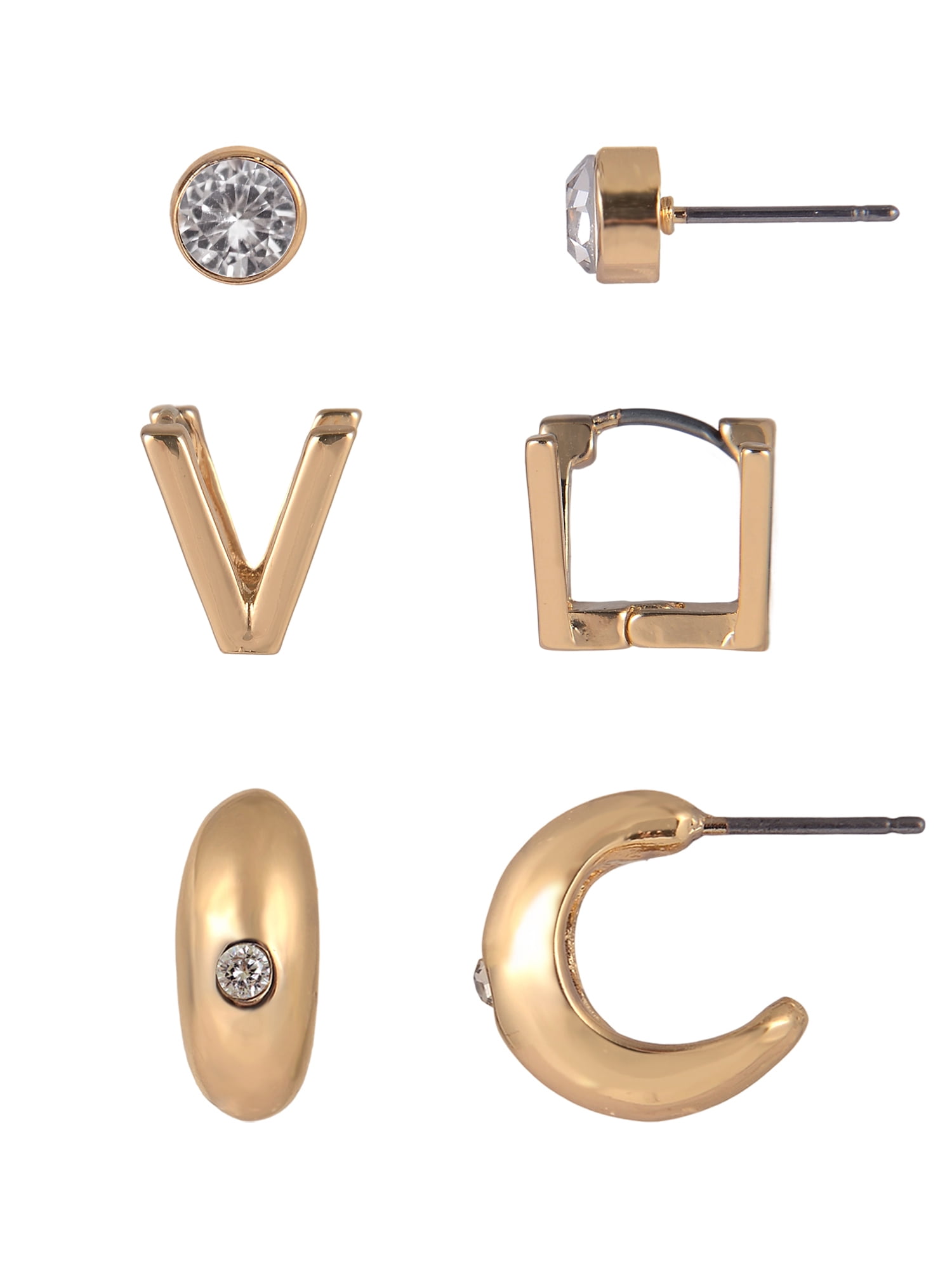 Time and Tru Goldtone 3-On Crystal Stud, Hoop, Initial "V" Earring Set