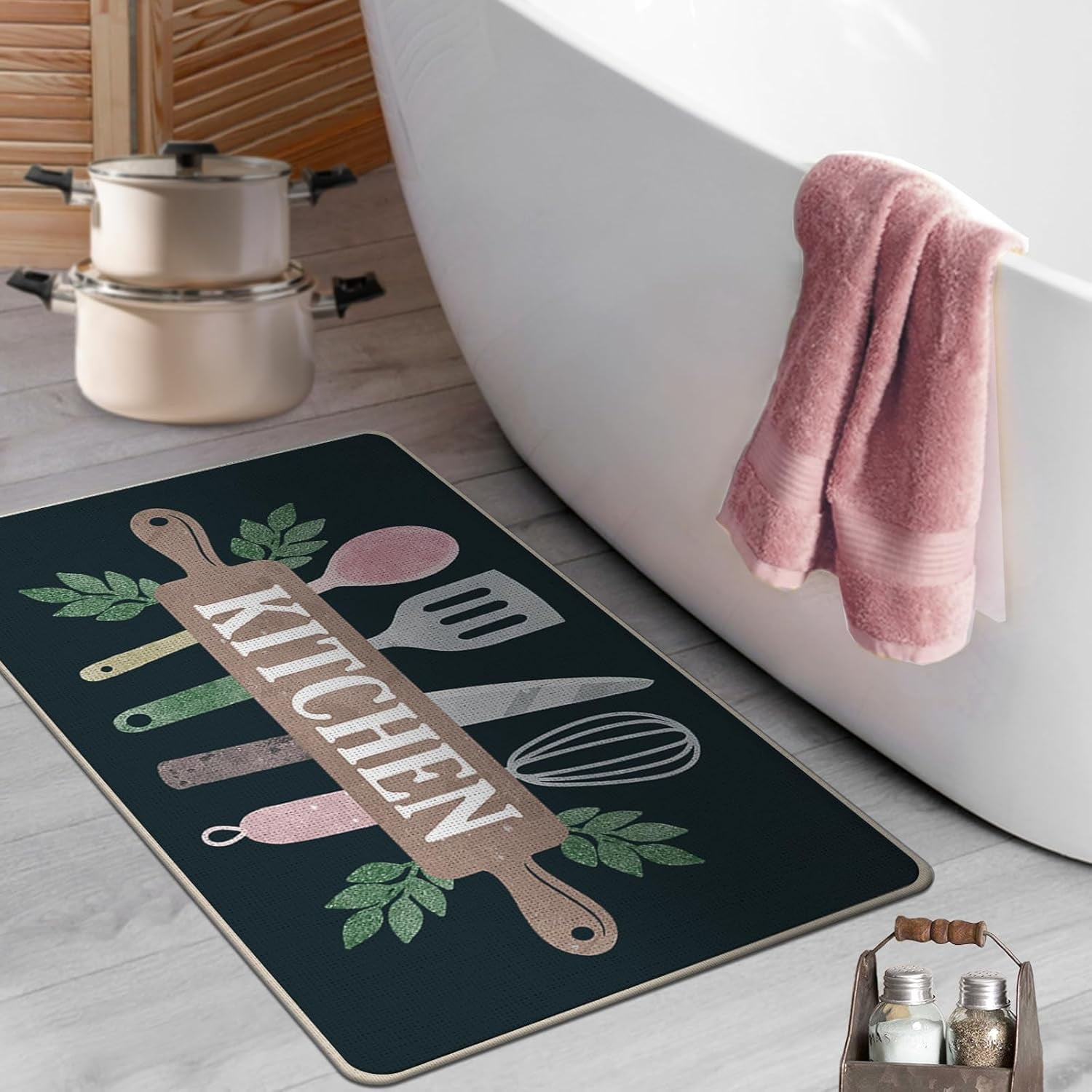Kitchen Cooking Utensil Decorative Front Door Mat, Kitchen Ware Doormat Indoor Outdoor Non-Slip Floor Entryway Rug, Black Home Kitchen Decoration 17x30 Inch