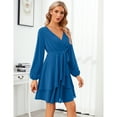 thumbnail image 2 of Womens Skater Dresses Sexy V Neck Short Sleeve Tie Waist Solid Ruffle Boho Flowy Swing Mini Dress, 2 of 5