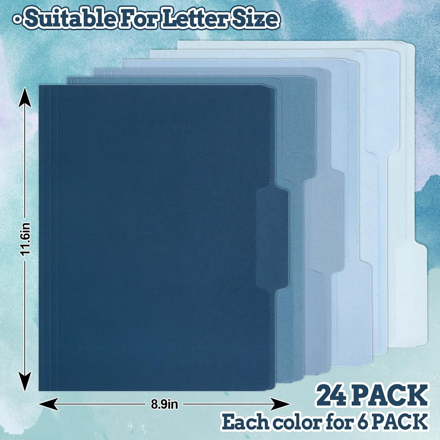 24 Pack Dusty Blue File Folders Letter Size 6 Colors Gradient Blue File Pockets with 1/3 Cut Tab for Home Office Classroom Supplies, 8.9 x 11.6 Inch