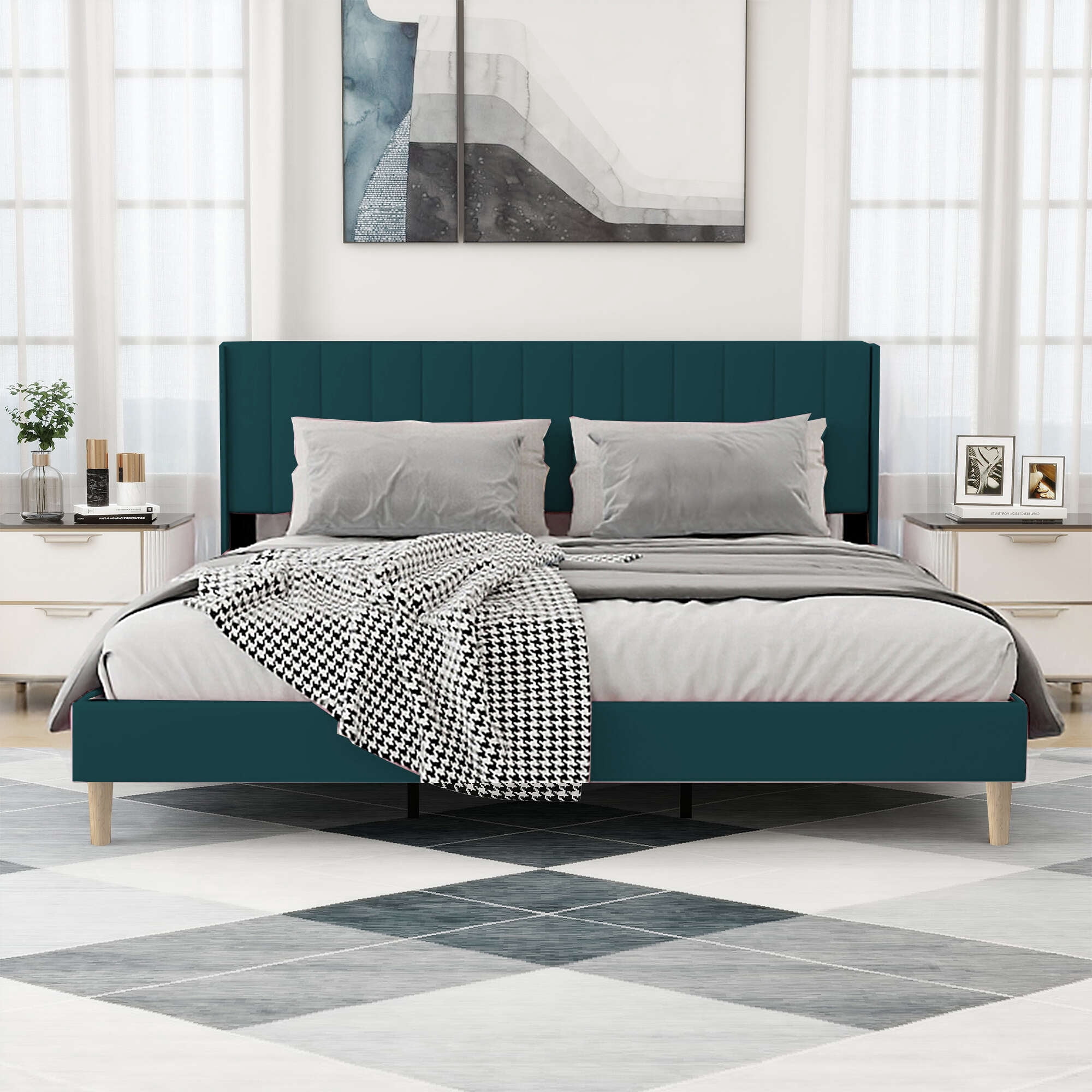 alazyhome King Size Upholstered Platform Bed Frame, Easy Assemble, Green Velvet