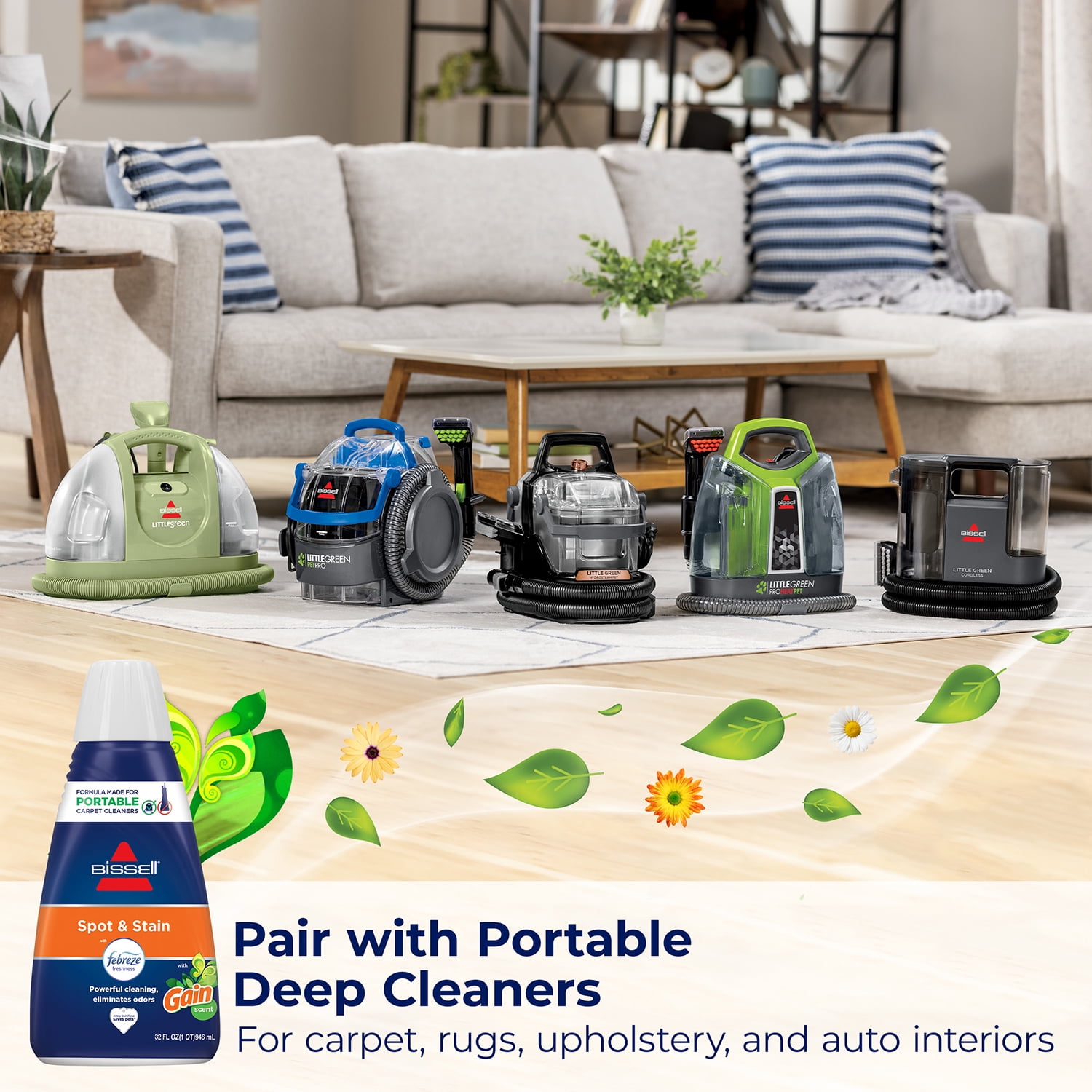 BISSELL Spot & Stain with Febreze with Original Gain Scent Formula for Portable Carpet Cleaners on Carpet, Upholstery, Area Rugs, & Auto Interiors, Odor Eliminator, 32 oz, 3968