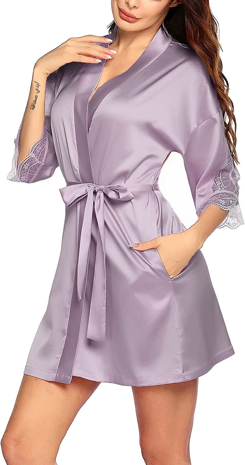 Womens Satin Robe,Womens Lace-Trimmed Satin Short Kimono Robe Bathrobe Loungewear