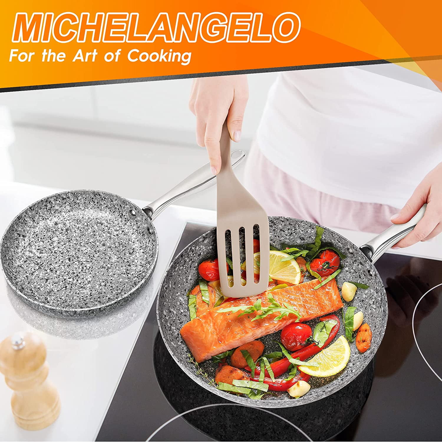 MICHELANGELO 11 Inch Deep Frying Pan with Lid, Nonstick Granite Coating,  Ergonomic Handle, Induction Compatible