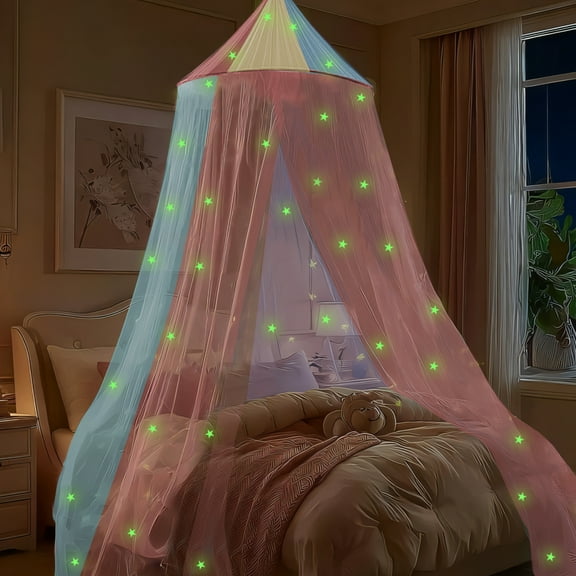 Princess Rainbow Bed Canopy for Girls with Glow-in-the-Dark Stars, Colorful Canopy Curtains Fits Single, Twin, Full, Queen Size Bed, Bedroom Accessories, Ceiling Tent
