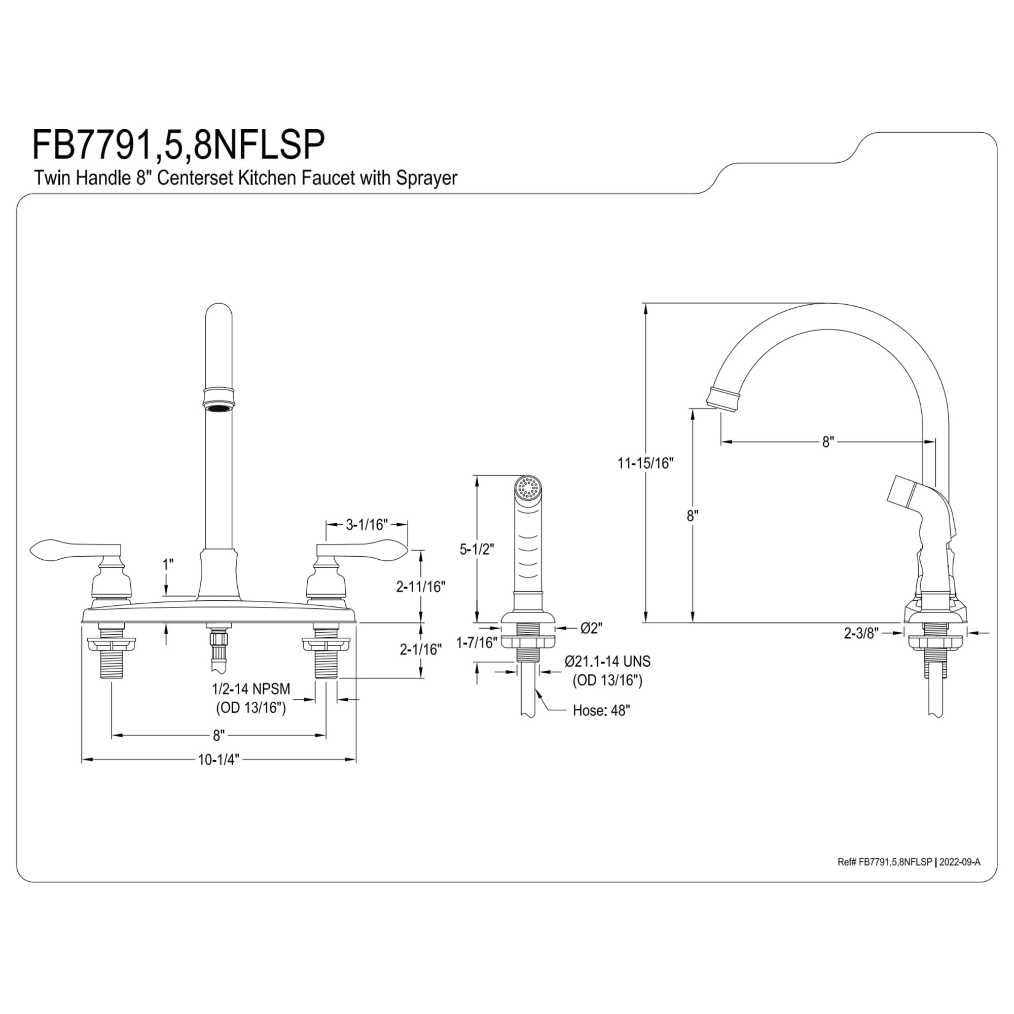 Kingston FB7795NFLSP NuWave French Two-Handle 4-Hole 8" Centerset Kitchen Faucet with Side Sprayer in Oil Rubbed Bronze