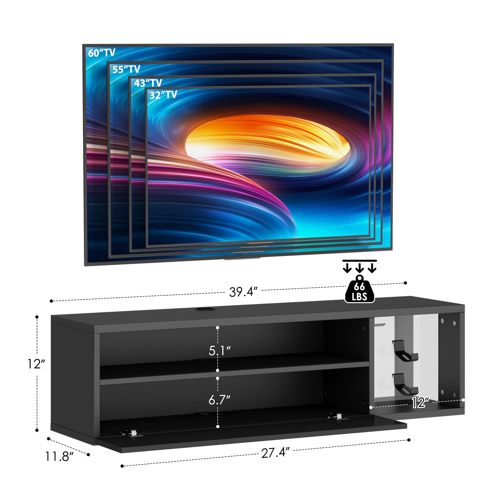 Soges 39" LED Floating TV Stand Entertainment Centre, LED Media Console TV Cabinet with 2 Headphone & 4 Gaming Handle Hooks, Wall Mounted TV Table with Cable Management, Black