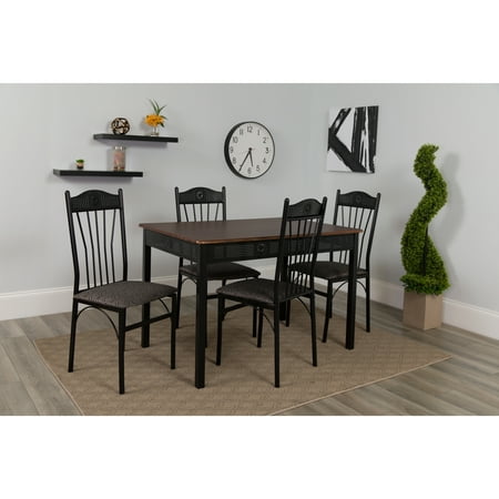 Flash Furniture Madison Square 5 Piece Dinette Set with Walnut Finish and Black Pin Dot Padded Fabric Chairs