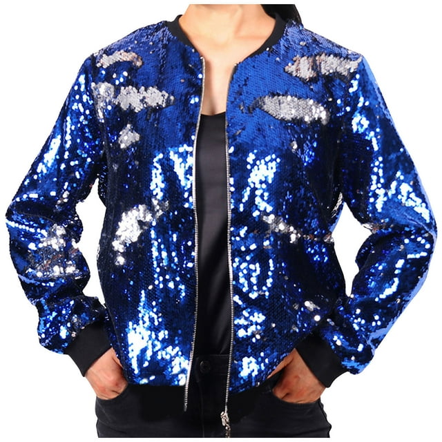 Yuyuzo Veste à Paillettes pour Femme à Manches Longues, Col Rond, Veste Zippée avec Poche, Tenue de Fête/Boîte de Nuit, Manteau