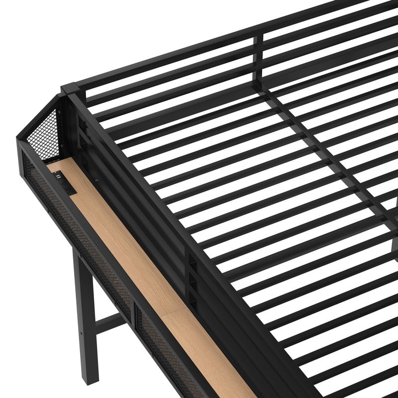 Queen Size Loft Bed with Storage Stairs,Shelves and Built-in Wardrobe, Metal Game Loft Bed Frame with USB Ports and LED Lights,Noise-reduced Design,Natural Wood
