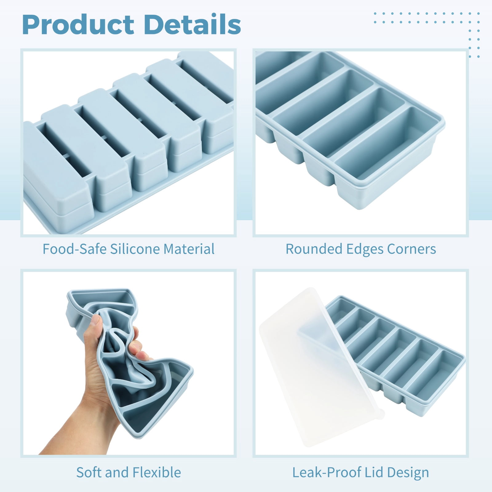 4-Pack Silicone Freezer Tray Set with Lids,6-Compartment Long Ice Cube Molds,Reusable Easy Release for Ice Sticks,Broth,Juice,9.1 x 4.3 Inch