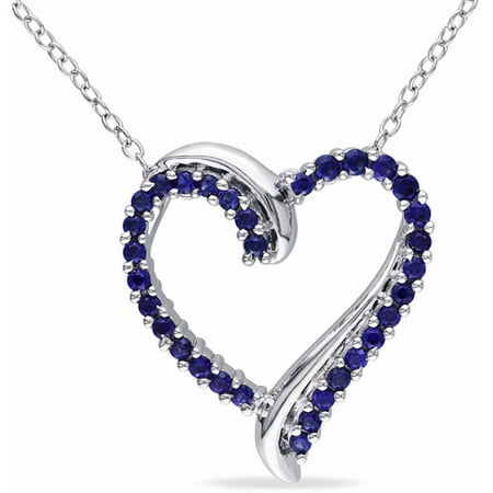 3/4 Carat T.G.W. Created Blue Sapphire Sterling Silver Heart Pendant, 18