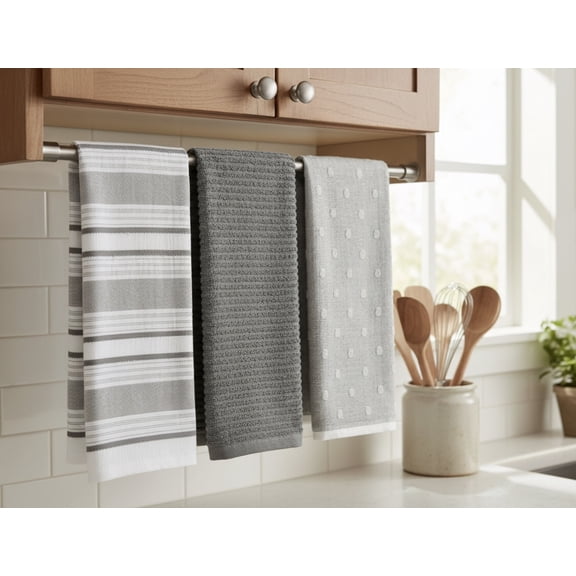 Serafina Home Grey And White Kitchen Hand Dish Towels: Oversized 28" x 16", 100% Cotton Cloth Soft Cleaning Drying Absorbent Assorted Design, Set of 3 Multipurpose for Everyday Use