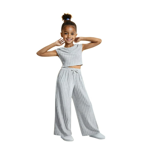 Odeerbi 3-10 Años Niñas Trajes de Verano Camisetas de Tirantes de Punto Rib Pantalones de Pata Ancha Conjunto de Dos Piezas Top Sin Mangas Conjunto de Pantalones