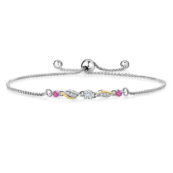 925 Sterling Silver and 10k Yellow Gold White Lab Grown Diamond and Pink Created Sapphire Tennis Bracelet for Women (0.31 Cttw, Gemstone April Birthstone, Fully Adjustable up to 9 inch)