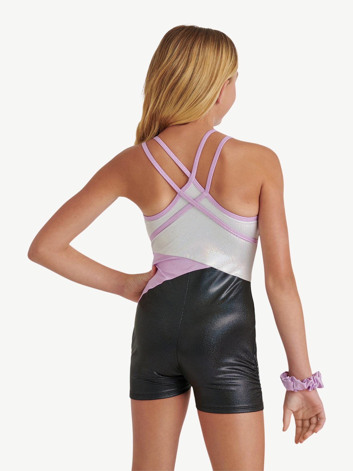 Justice All Over Foil Biketard for Girls with Matching Scrunchie, Sizes XS-XL