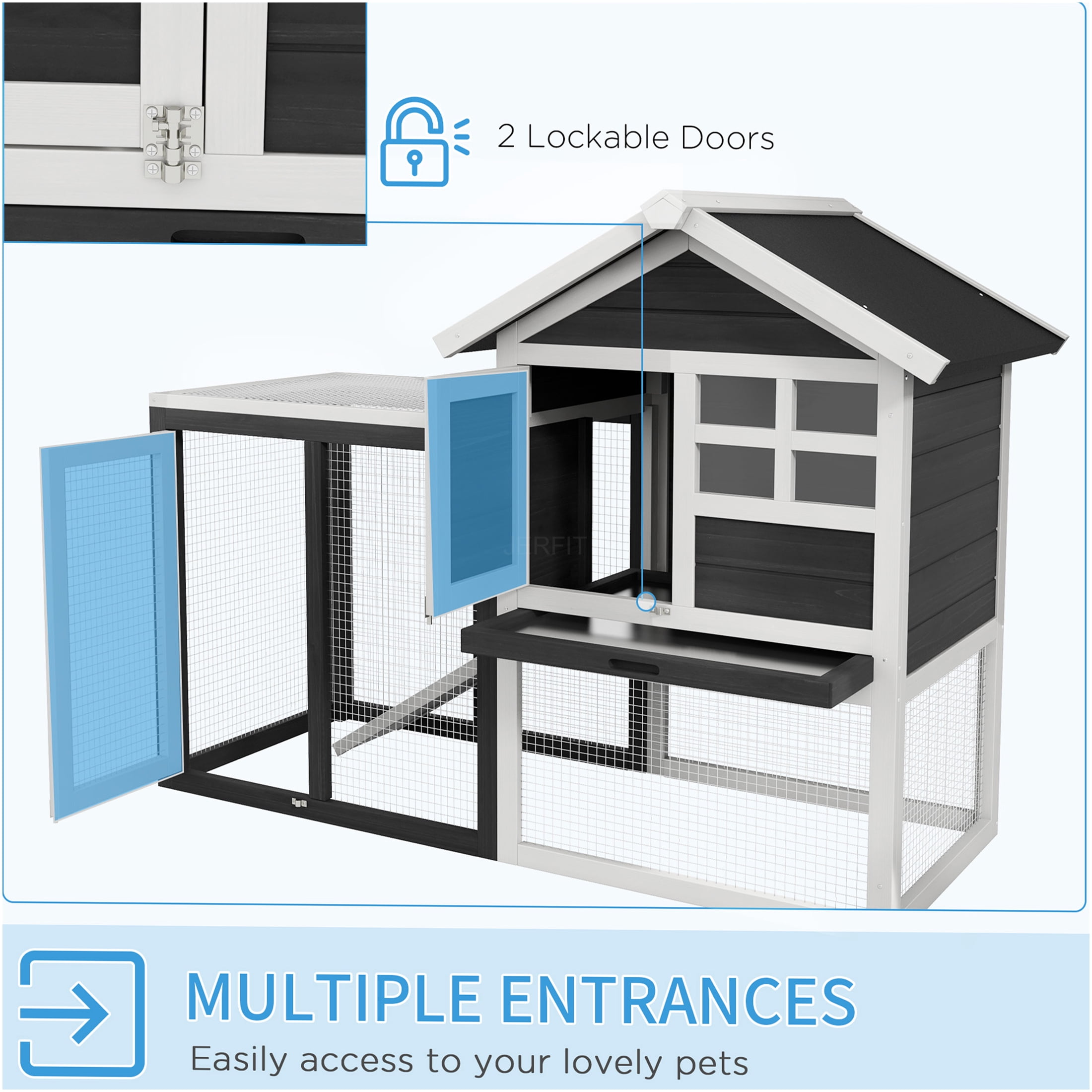 JERFIT 48 Inch Outdoor Rabbit Hutch with Waterproof Roof, Removable Tray & Ramp, Bunny Cage with Open Play Area, Grey and White