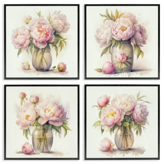 Stupell Industries Pretty Pink Peonies Plants & Flowers Painting Black Framed Art Print Wall Art, 12 x 12, Set of 4