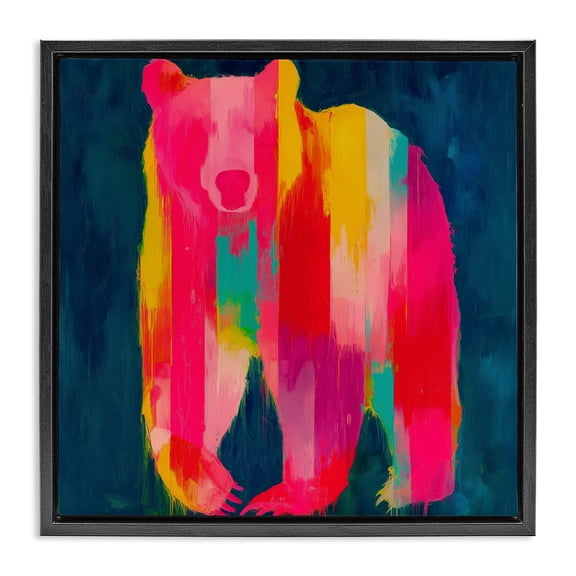 Stupell Industries Contemporary Pink & Yellow Bear Standing Tall Black Floating Frame Canvas Art, 18 x 18, by Chromatic Storm Studio