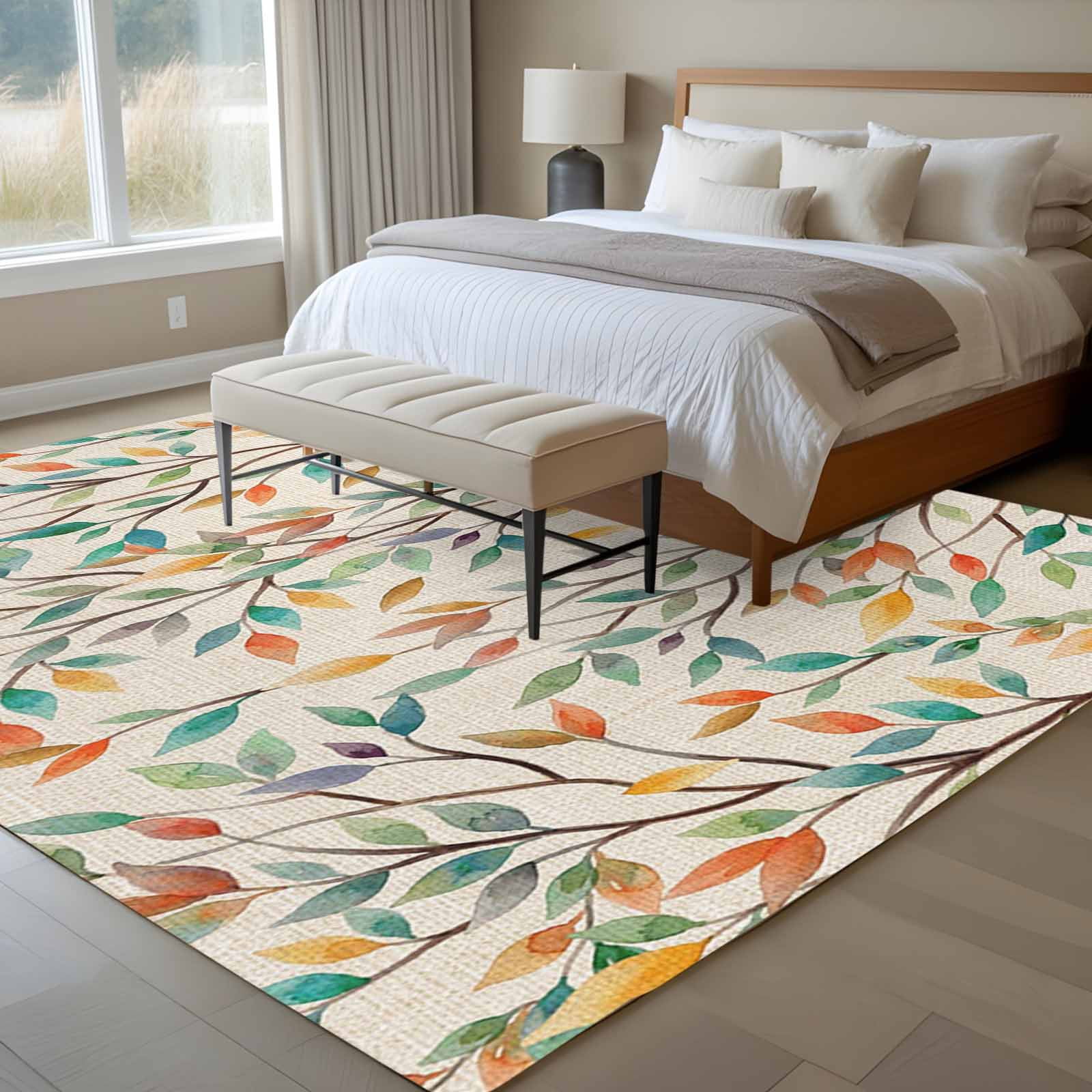 Large Area Rugs for Living Room Bedroom, Teal Orange Eucalyptus 5'x8' Rug Washable Carpet Runner Indoor Outdoor, Spring Botanical Leaves Non Slip Floor Mats Rug for Kitchen, Bathroom