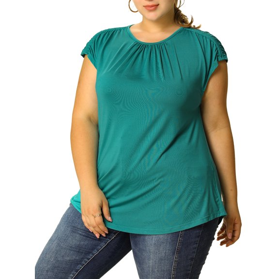 Unique Bargains Women's Plus Round Neck Ruched Short Sleeve Summer Top 1X Green