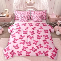 Homewish Sweet Cherry Bowtie 7-Piece Twin Bedding Sets,Cute Ribbon Bowknot Bedding Comforter Set,Pink Bow Tie Sheet Sets For Girl Kids,Breathable Home Decor Reversible
