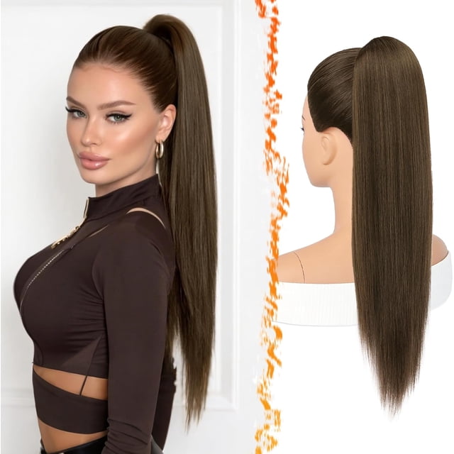 Yanonmyfd Black Straight Drawstring Ponytail Extension - 28 Inch Long Straight Drawstring Ponytail Extension Natural Looking Fluffy Soft Synthetic Cheer Posh Pony Tails Hairpieces Daily Party