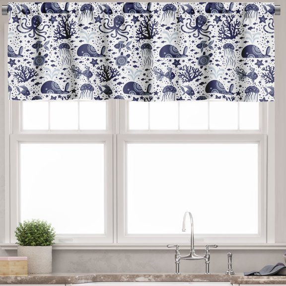 Ambesonne Aquatic Valance Pack of 2, Underwater Marine Animals, 54"X12", Pale Cadet Blue Indigo