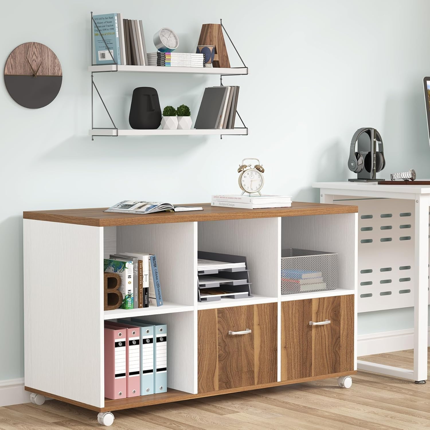 Tribesigns Mobile Lateral File Cabinets with 2 Drawers and 4 Storage Cubes (Brown and White)