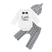 New Born Boys Girls 3-piece Set, Letter and Bow Print Long Sleeve Top, Moustache Printing Trousers and Cap
