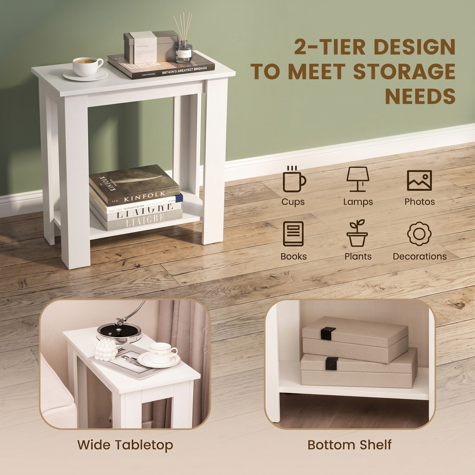 Furnibear 2-Tier End Table with Storage Shelf, Modern Compact Nightstand Sofa Side Table for Living Room Bedroom Small Space, Engineered Wood Bedside Table with, White