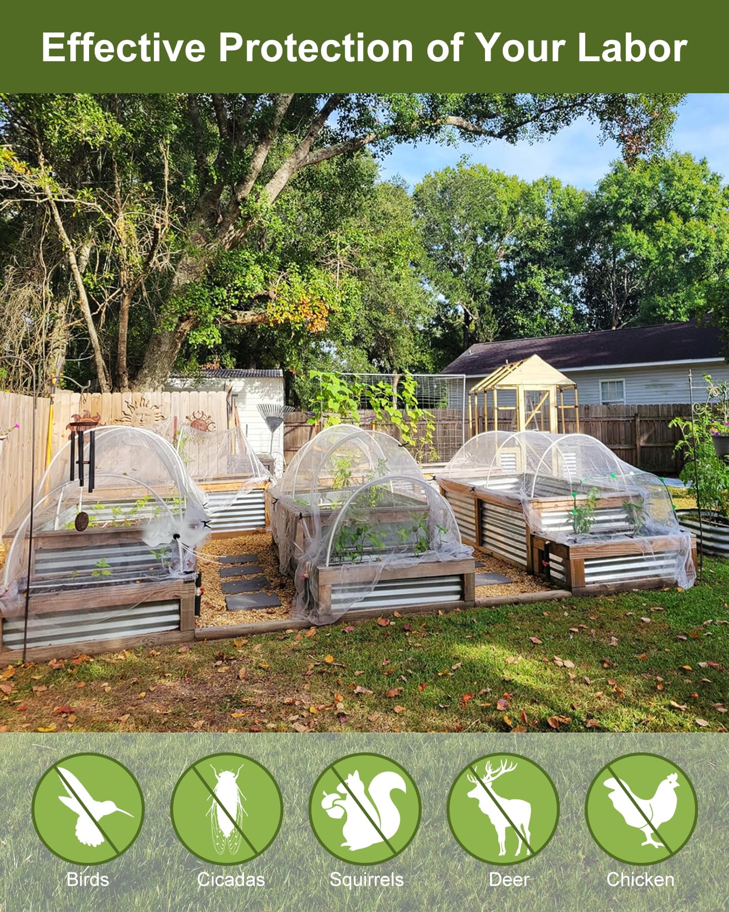 10 x 33 ft Garden Netting Plant Cover Netting Protective Circles for Vegetables Fruits Flowers Trees Crops to Grow Better, Durable Row Netting Covers for Use with Pipes