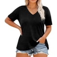 thumbnail image 2 of ZHOGXU Women's T Shirt Short Sleeve V Neck Solid Color Comfortable Breathable Loose Fit Top For Casual Daily Wear,Black,L, 2 of 6