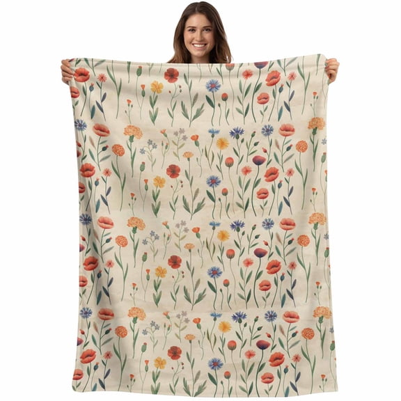 Rustic Floral Wildflowers Throw Blankets, Vintage Watercolor Botanical Pattern Soft Fleece Blanket Decorative for Home Sofa Couch Chair Living Bedroom, 60x80 inches,